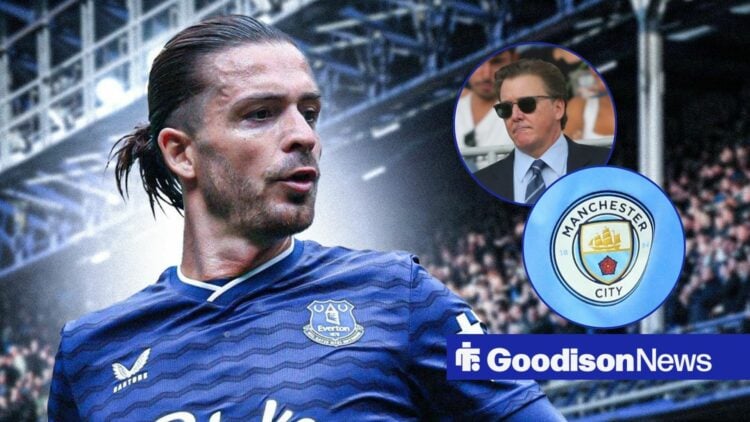 Jack Grealish looking in the direction of Dan Friedkin and the Manchester City badge.