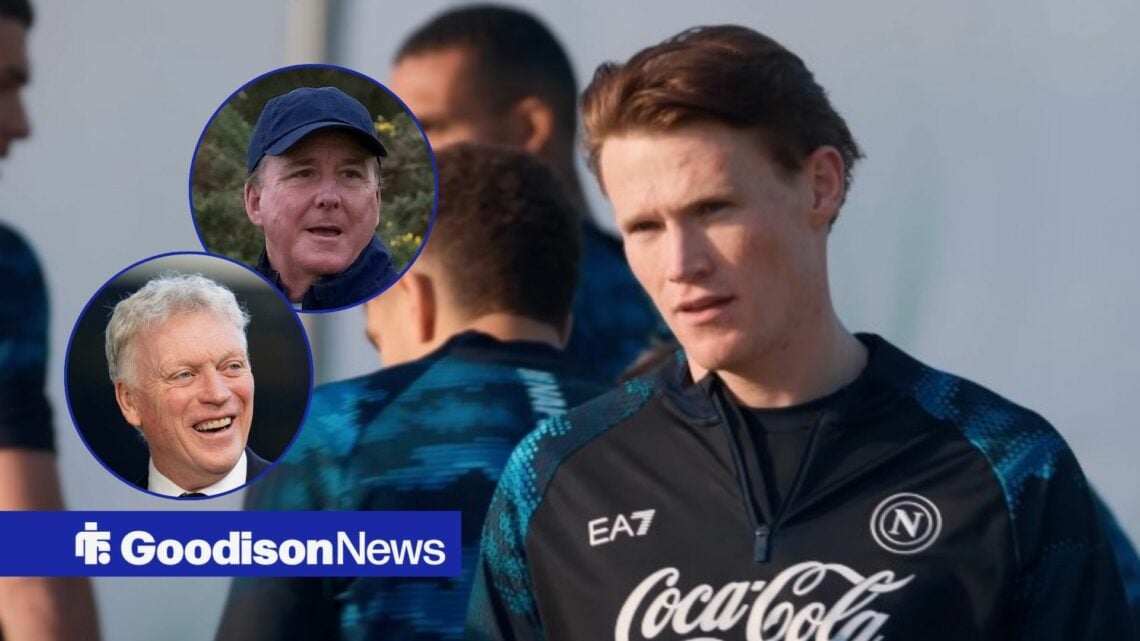 Scott McTominay looking at Dan Friedkin and David Moyes.