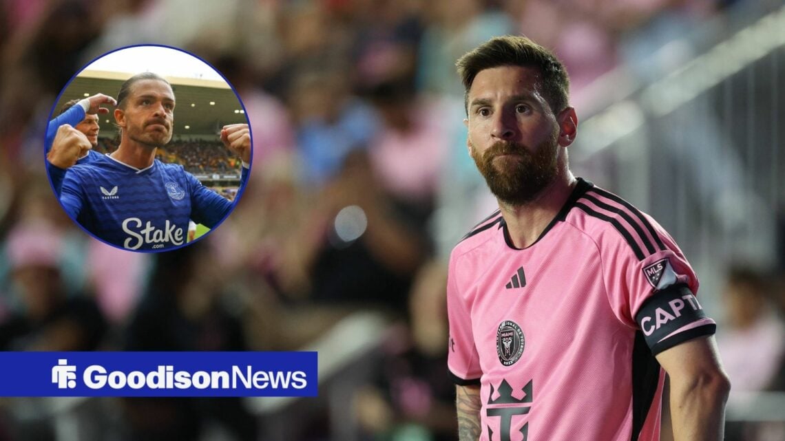 Lionel Messi alongside a circle inset of Jack Grealish.