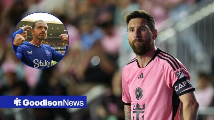 Lionel Messi alongside a circle inset of Jack Grealish.