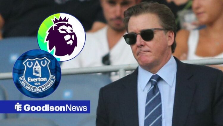 Dan Friedkin looking towards the Everton badge and Premier League logo in circle insets