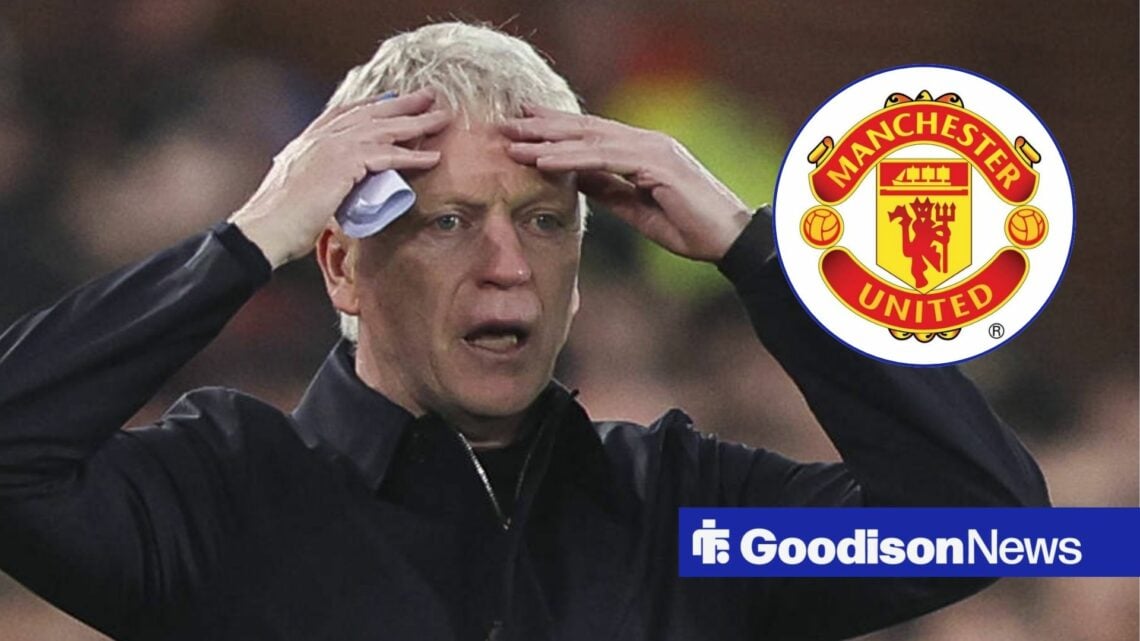 David Moyes looking shocked in the direction of the Manchester United badge.