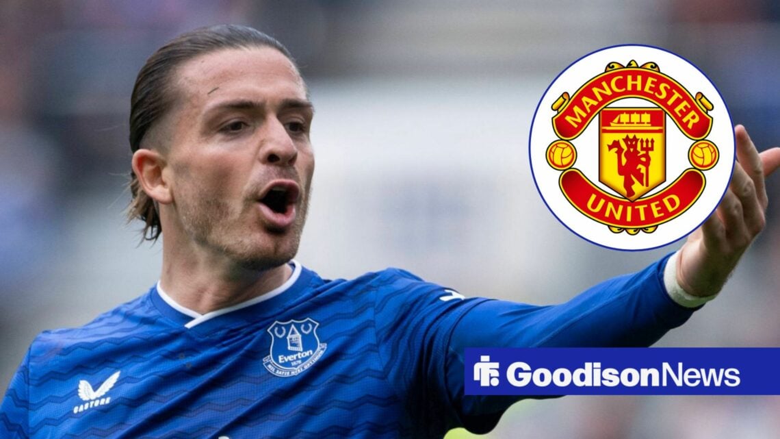 Jack Grealish alongside a circle inset of the Man United badge.