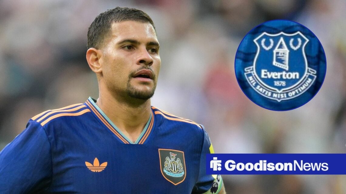Bruno Guimaraes playing for Newcastle United looking towards a circle inset of an Everton badge