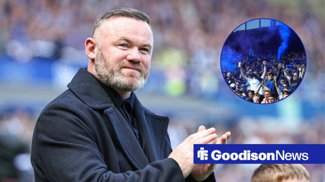 Wayne Rooney alongside a circle inset of Everton fans.