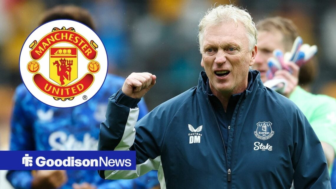 David Moyes celebrating in the direction of the Manchester United badge.