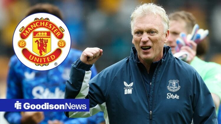 David Moyes celebrating in the direction of the Manchester United badge.