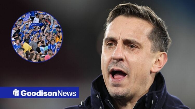 Gary Neville looking at Everton fans.