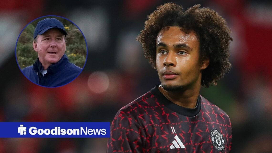 Joshua Zirkzee warming up for Manchester United looking towards Dan Friedkin in a circle inset