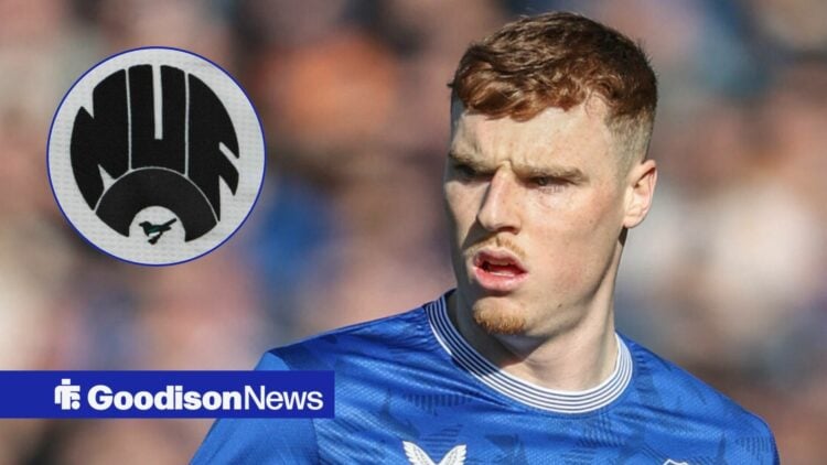 Jake O'Brien looking annoyed towards a circle inset of the Newcastle United badge