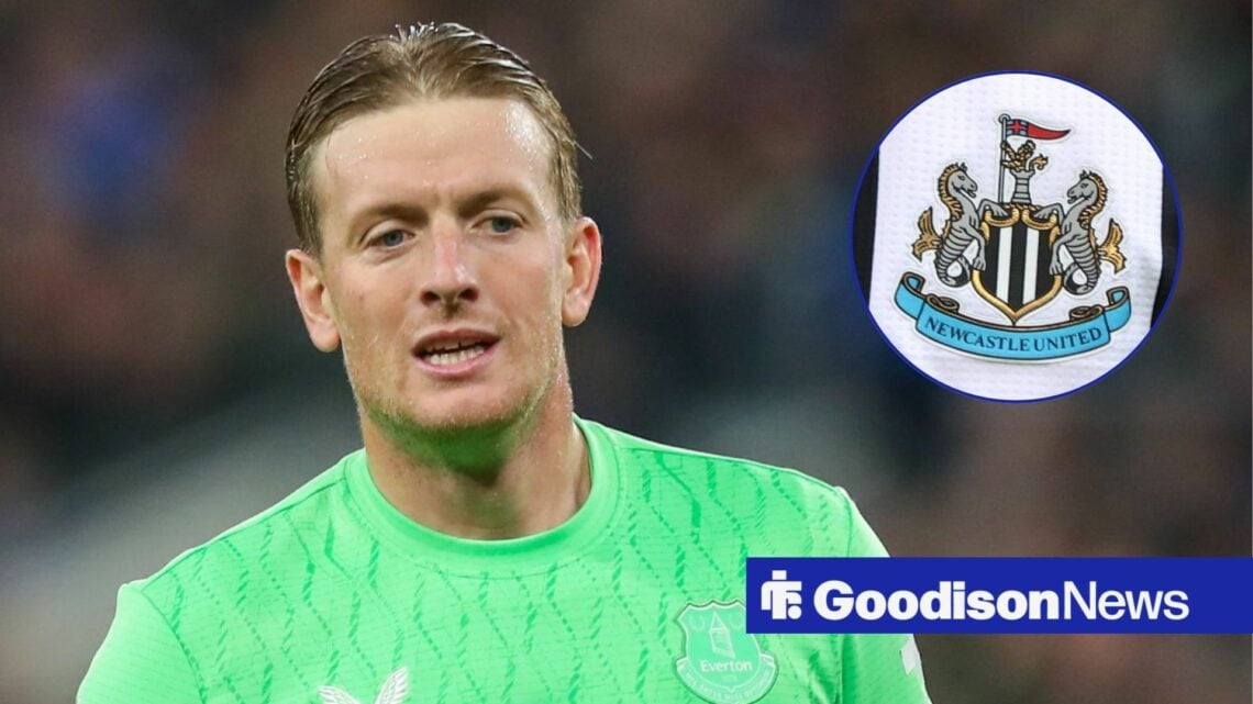 Jordan Pickford playing for Everton looking towards a circle inset of the Newcastle United badge