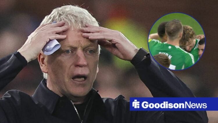 David Moyes looking baffled towards a circle inset of Nick Woltemade celebrating his Newcastle goal against Everton