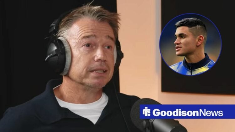 Graeme Le Saux speaking into a microphone looking towards Carlos Alcaraz in a circle inset