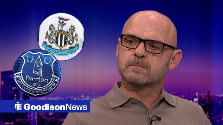 Danny Murphy looking at the Everton and Newcastle badge.