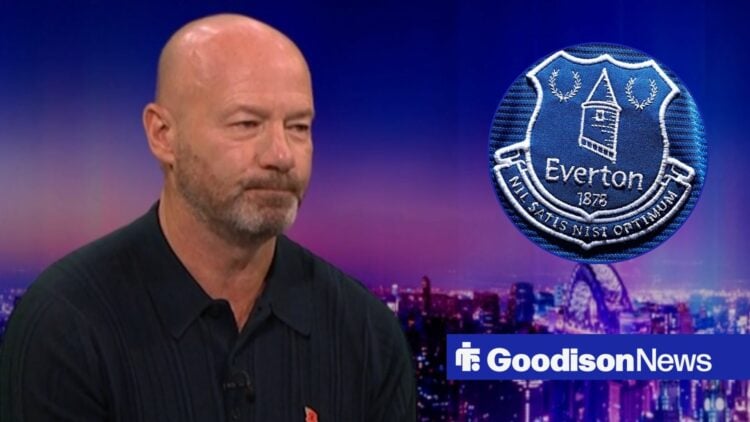 Premier League pundit Alan Shearer with Everton badge inset