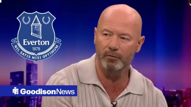 Alan Shearer looks towards an Everton crest
