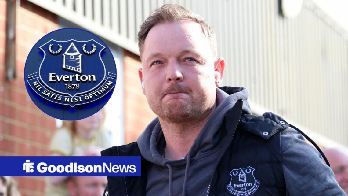 Brian Sorensen looking towards Everton badge in circle