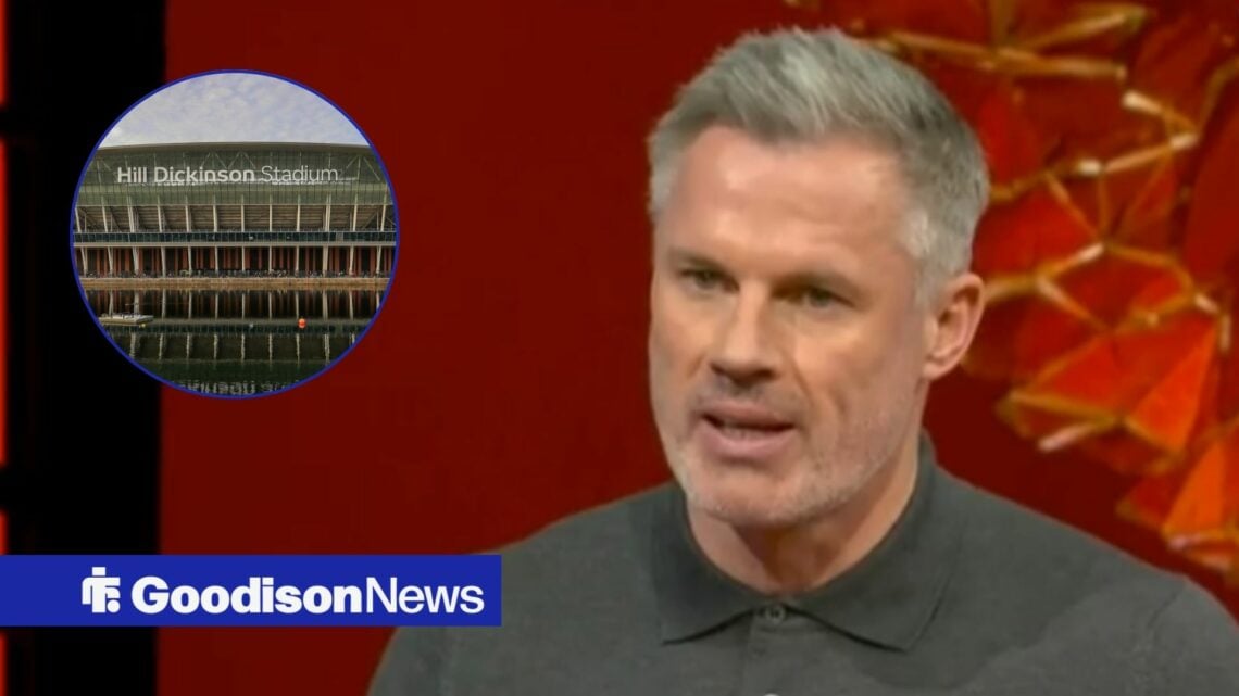Jamie Carragher looks towards a circular frame of Hill Dickinson Stadium