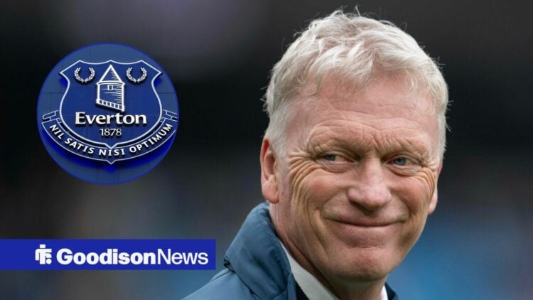David Moyes smiling at Everton badge in circle