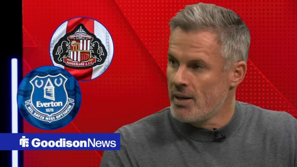 Jamie Carragher looking towards the Everton badge and Sunderland badge in separate insets
