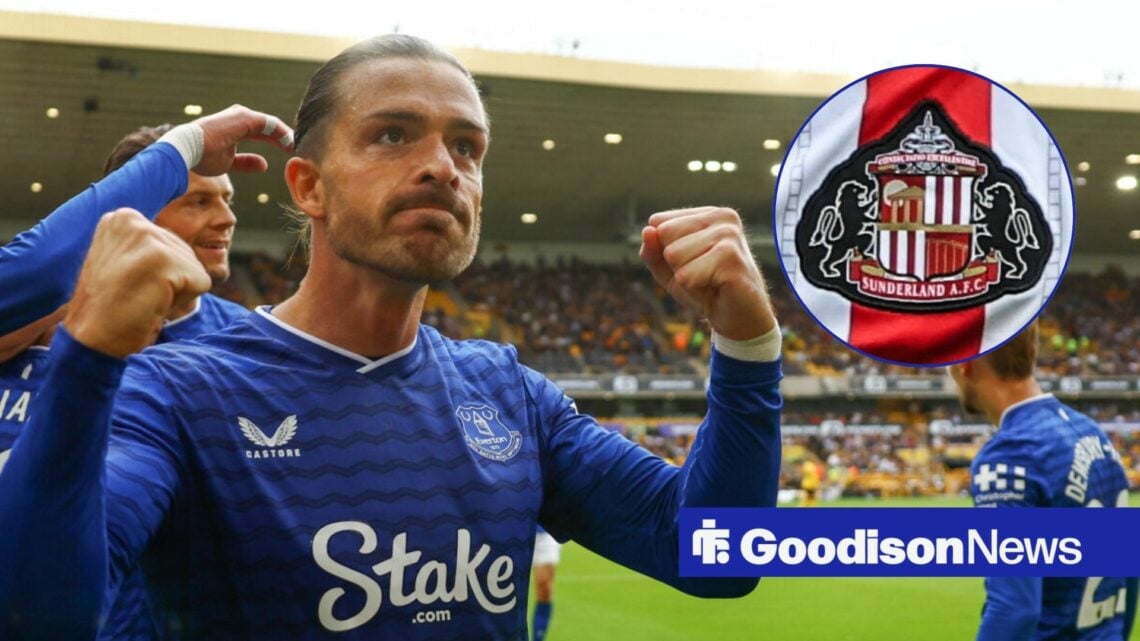 Jack Grealish celebrating for Everton looking towards the Sunderland badge in a circle inset