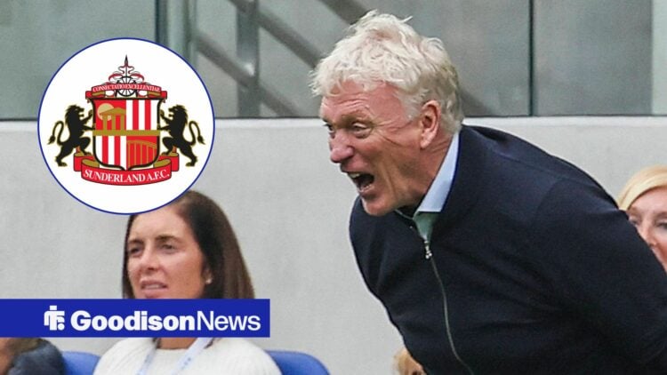 David Moyes raging towards a Sunderland badge in a circle inset