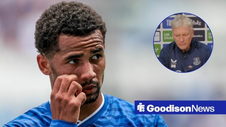 Iliman Ndiaye looking annoyed towards David Moyes speaking in a press conference in a circle inset