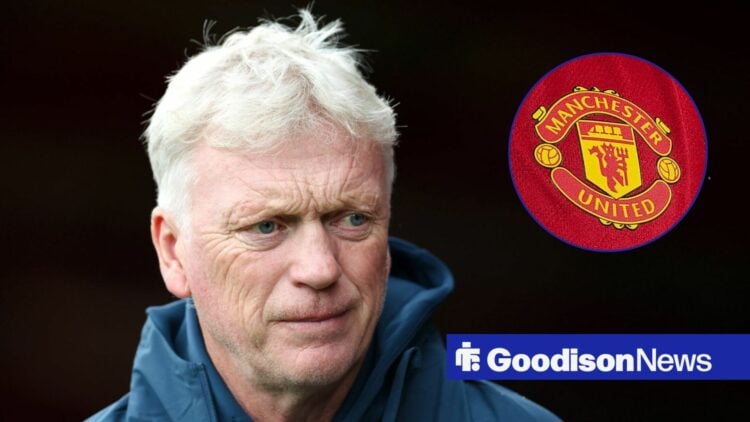 David Moyes looking at Manchester United badge in circle