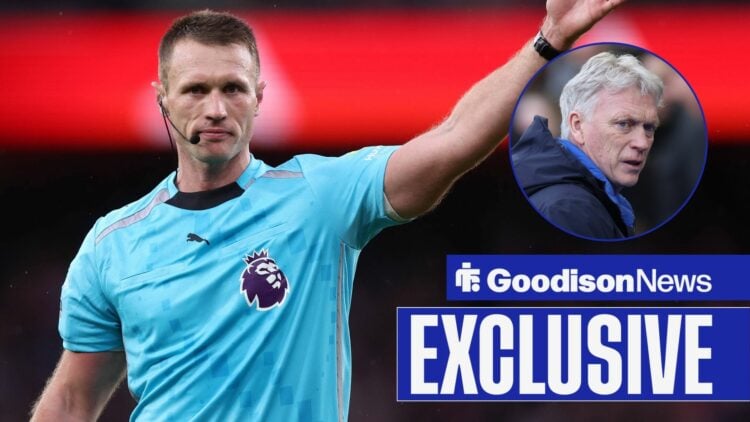 Thomas Bramall in blue Premier League referee kit with David Moyes in circular inset