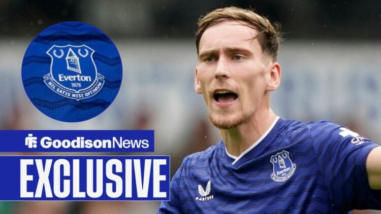 James Garner in action with Everton badge in frame