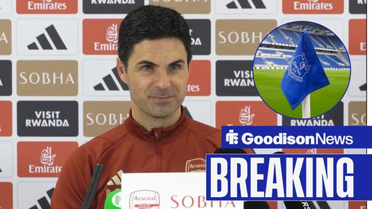 Mikel Arteta speaks at a press conference, with an Everton badge in a circular frame