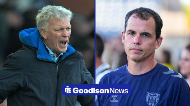 David Moyes shouts as Regis Le Bris watches on in a split image