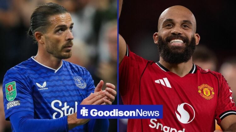 Jack Grealish playing for Everton and clapping towards Bryan Mbeumo celebrating while playing for Manchester United