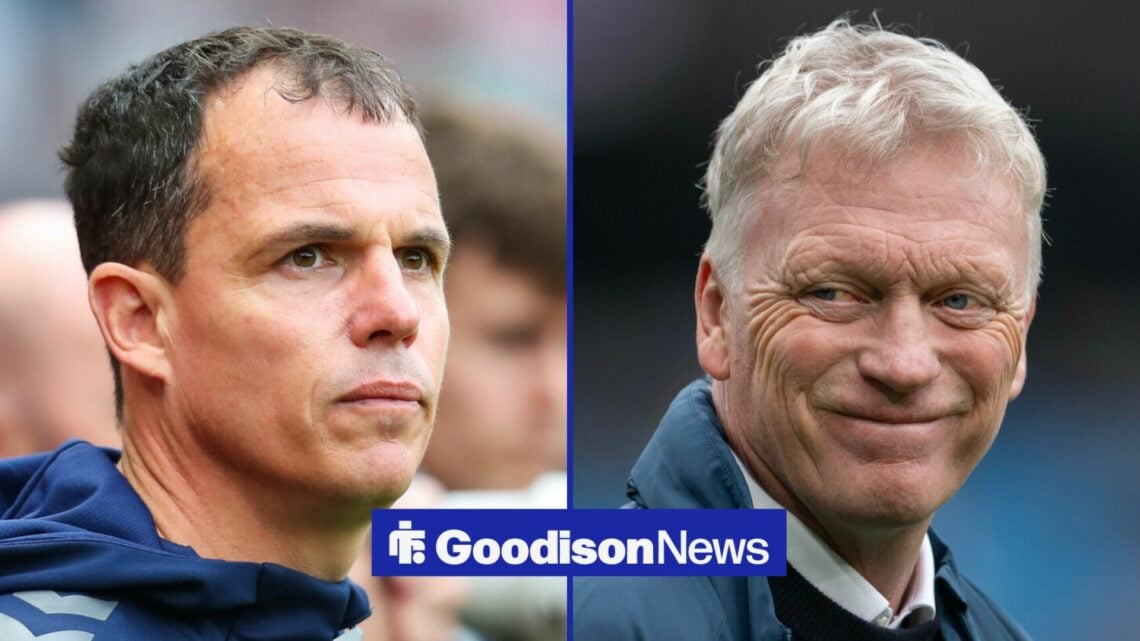 Regis Le Bris looks to his right, with David Moyes looking back in a split image