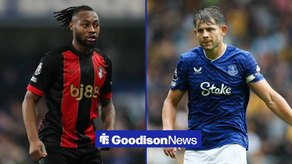 Antoine Semenyo looking at James Tarkowski on right