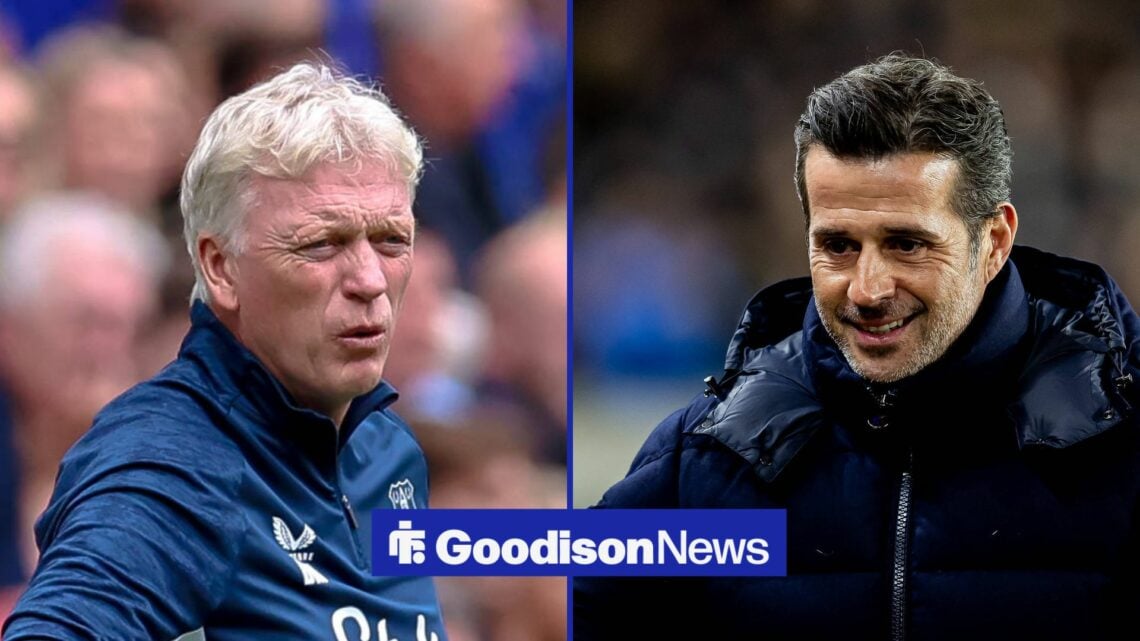 Everton manager David Moyes with Fulham manager Marco Silva smiles