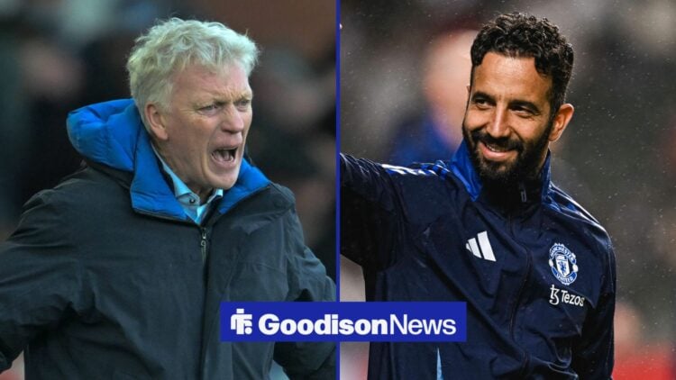 David Moyes shouts, while Ruben Amorim waves in a split image