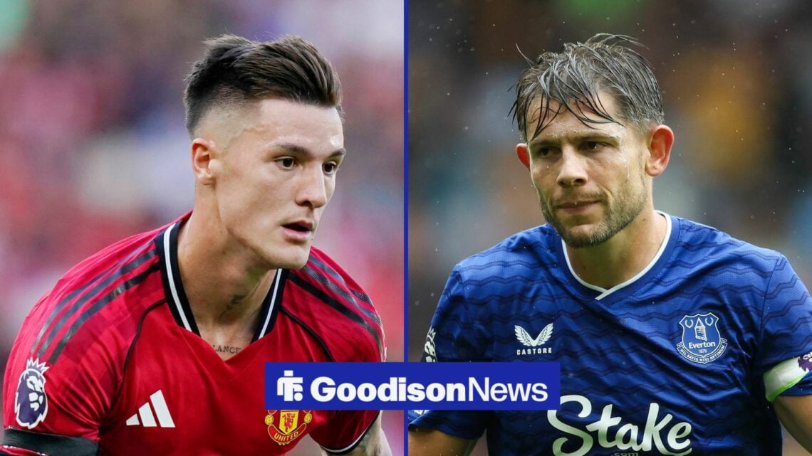 Everton defender James Tarkowski with Manchester United striker Benjamin Sesko