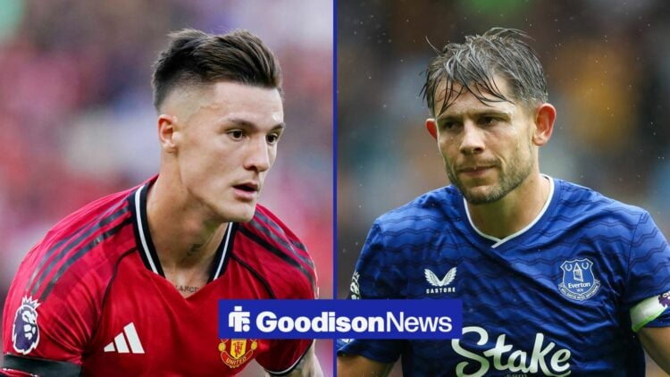 Everton defender James Tarkowski with Manchester United striker Benjamin Sesko