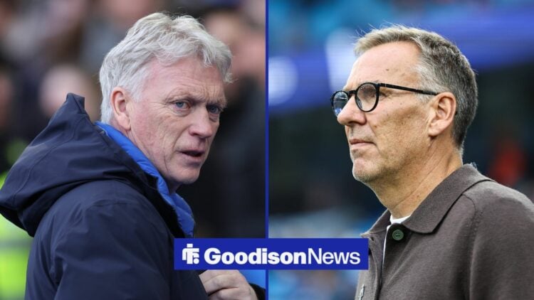 David Moyes and Paul Merson looking at each other with a serious look on their faces.