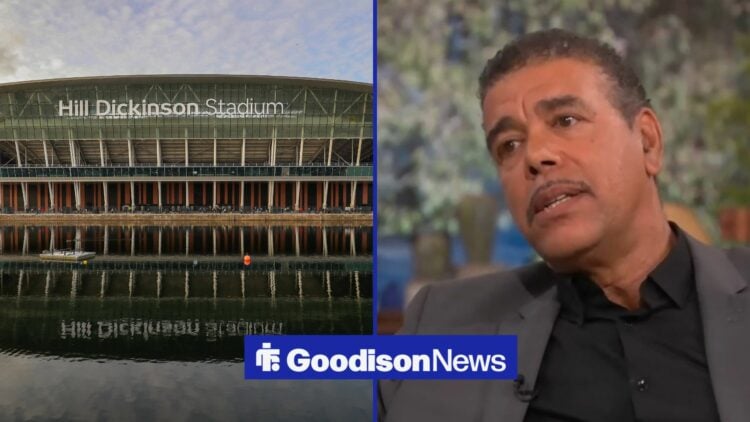 Chris Kamara stares at the Hill Dickinson Stadium with a disgusted look.