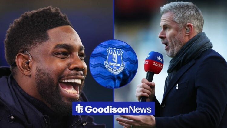 Micah Richards laughing and Jamie Carragher shocked either side of Everton badge