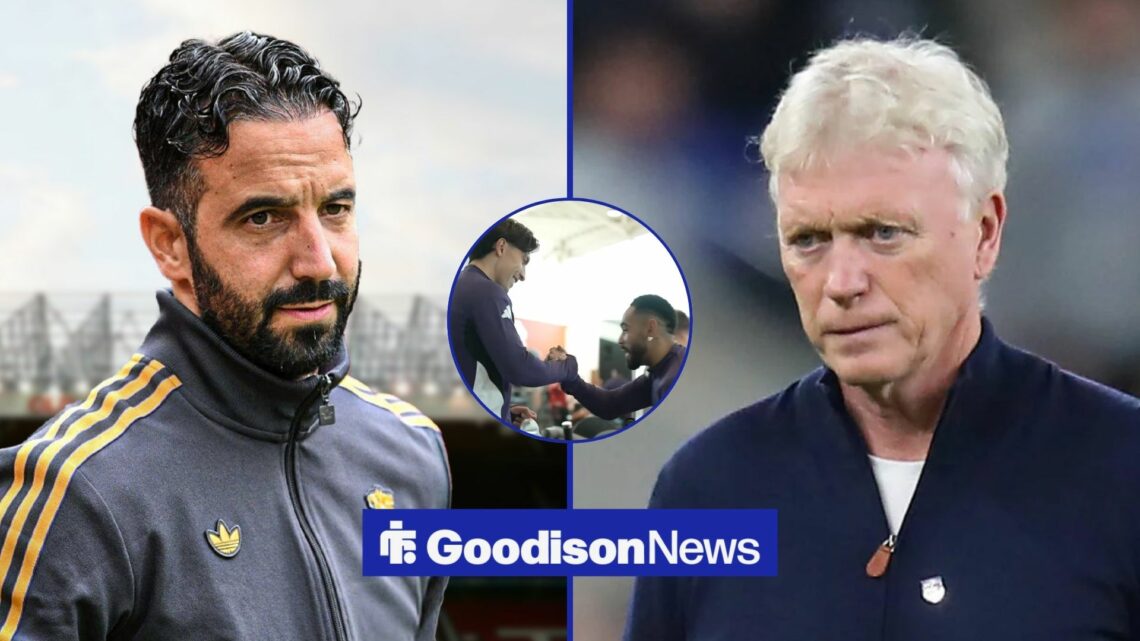 Ruben Amorim and David Moyes looking annoyed towards each other with a circle inset of Lisandro Martinez and Matheus Cunha in Manchester United tra...