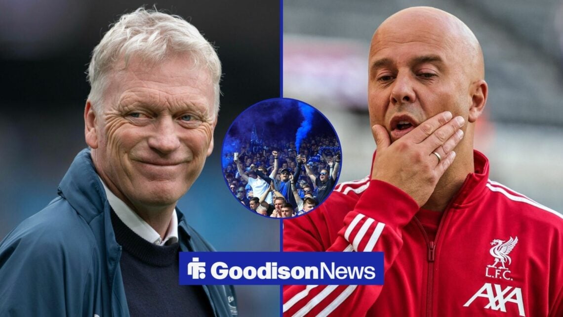 David Moyes smiles, while Arne Slot covers his face in a split image, with Everton fans letting off flares in the centre