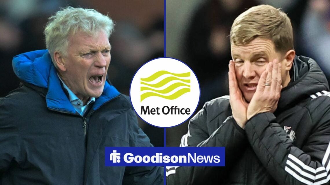 David Moyes shouting alongside a worried Eddie Howe with a Met Office logo in between
