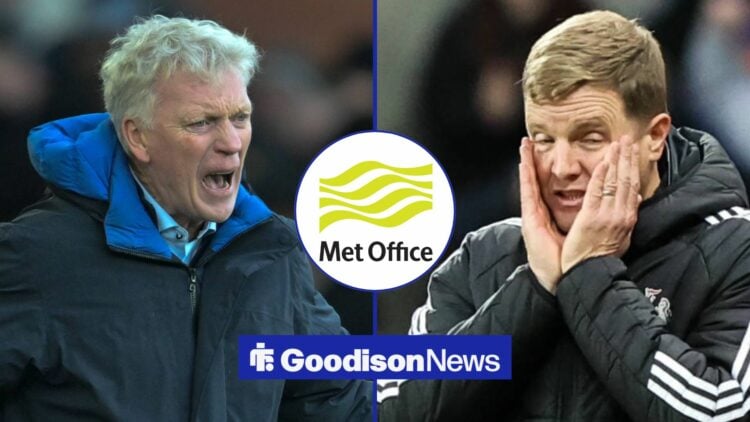 David Moyes shouting alongside a worried Eddie Howe with a Met Office logo in between