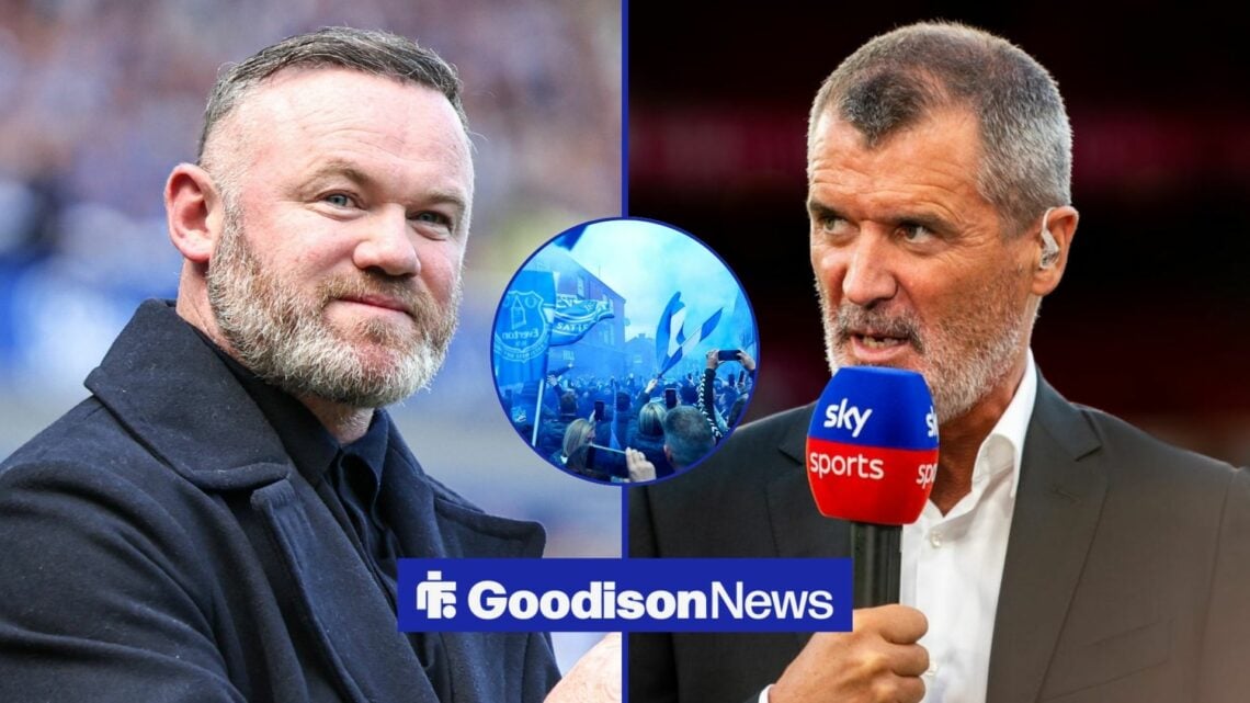 Roy Keane and Wayne Rooney either side of Everton fans.