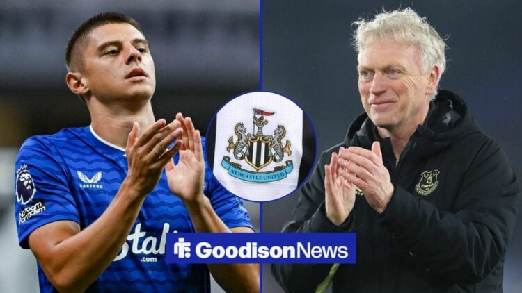 Vitalii Mykolenko and David Moyes looking at each other with a Newcastle player in the middle (unidentifiable)