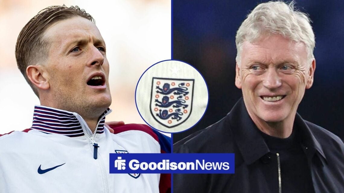 Jordan Pickford and David Moyes with England badge in frame