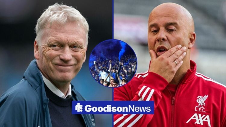 David Moyes smiles, while Arne Slot covers his face in a split image, with Everton fans letting off flares in the centre